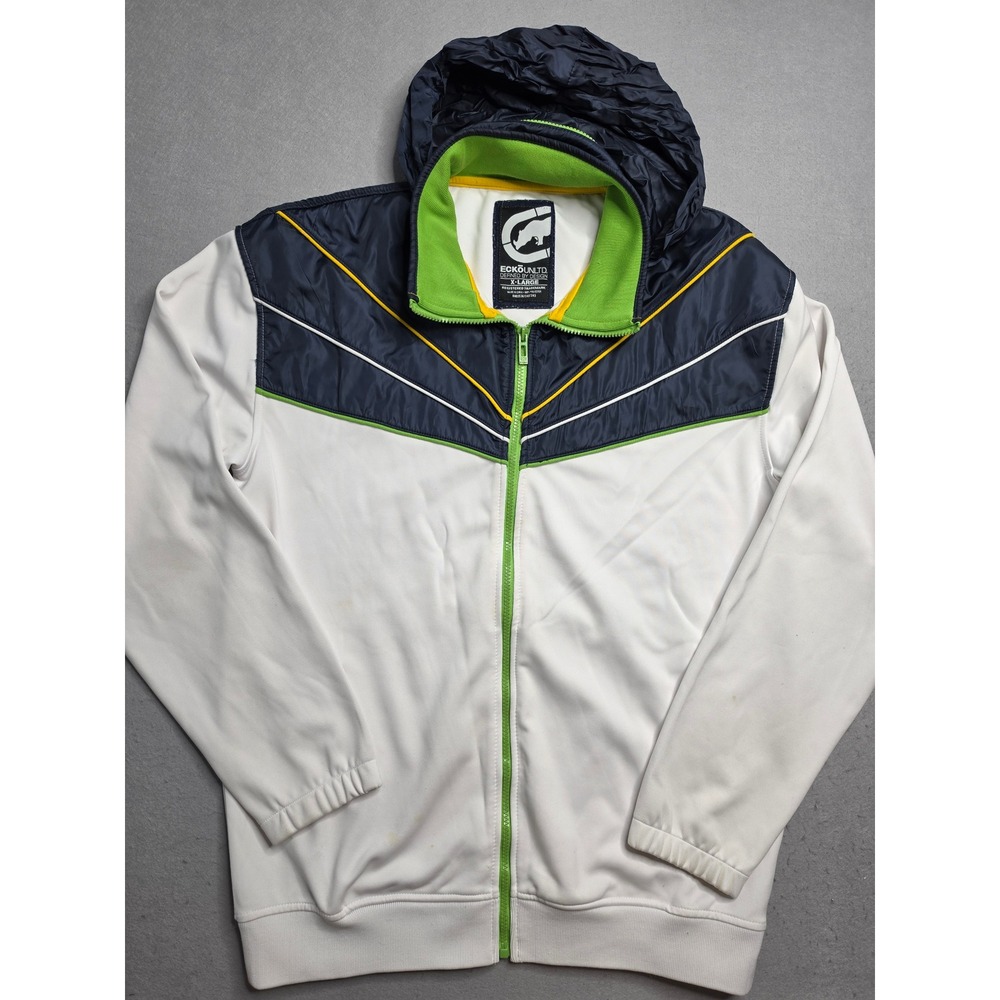 Ecko Unltd. Track Jacket Men XL Blue White Long Sleeve Full Zip Hooded Warm Wear